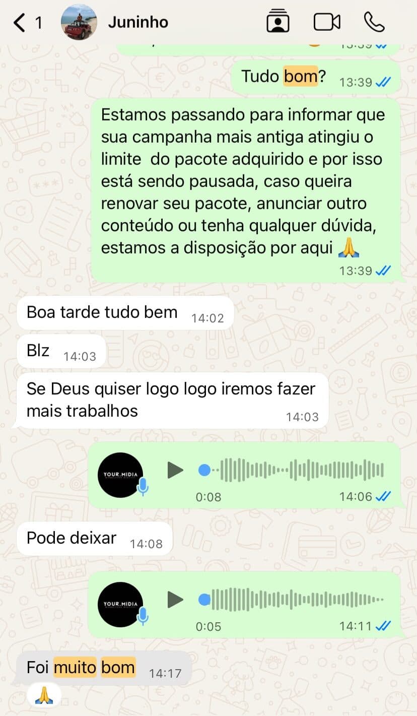 Mensagem de Juninho: Se Deus quiser logo logo iremos fazer mais trabalhos. Foi muito bom