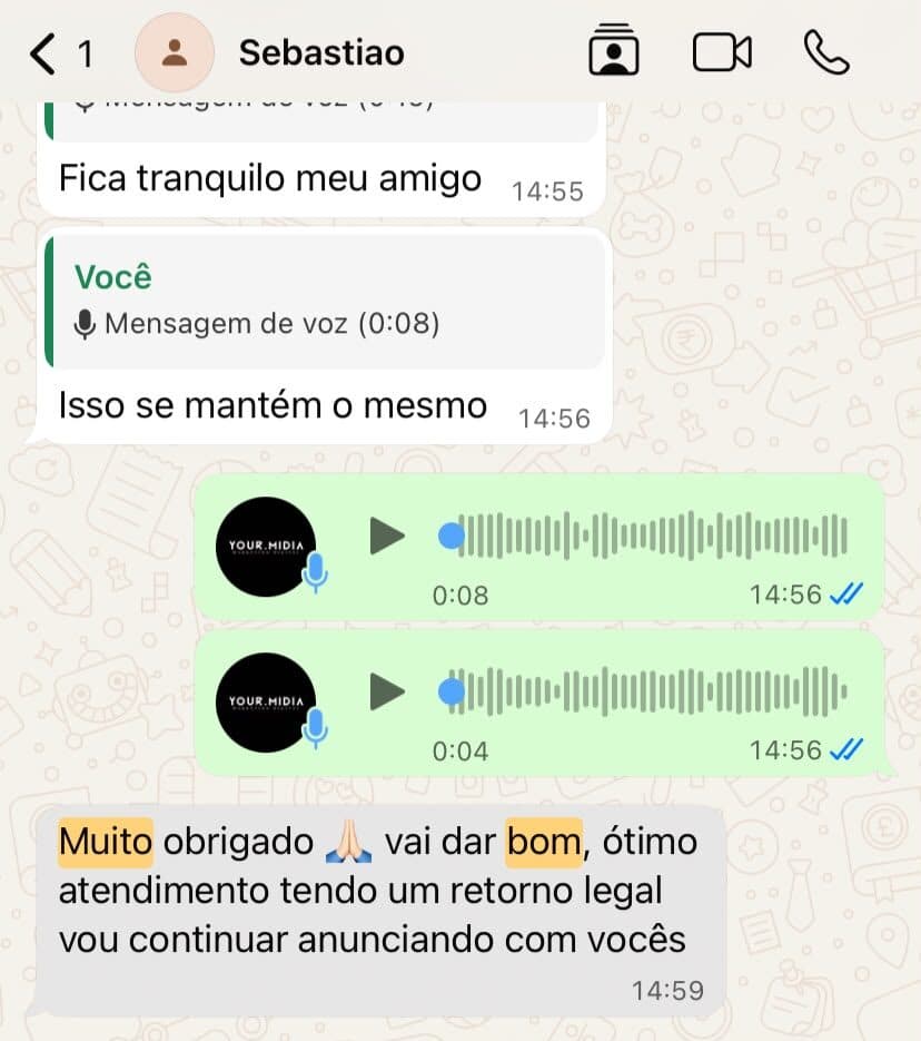 Mensagem de Sebastião: Muito obrigado, vai dar bom, ótimo atendimento tendo um retorno legal vou continuar anunciando com vocês