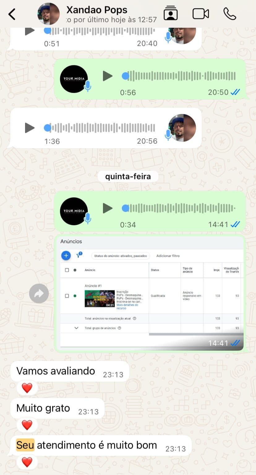 Mensagem de Xandão Pops: Seu atendimento é muito bom. Muito grato
